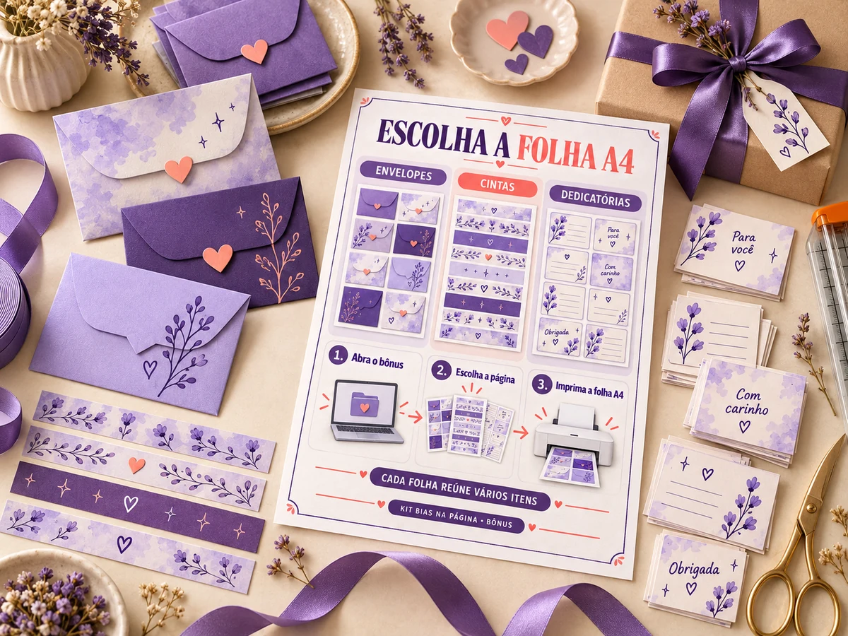 Página A4 e conjunto de envelopes, cintas e dedicatórias do bônus Presente ARMY