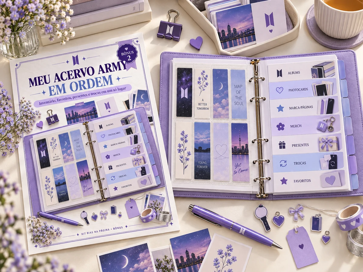 Página A4 e fichário roxo com coleção organizada